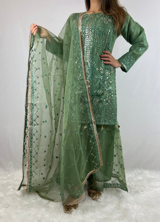 Royal Green Embroidered Sharara Suit