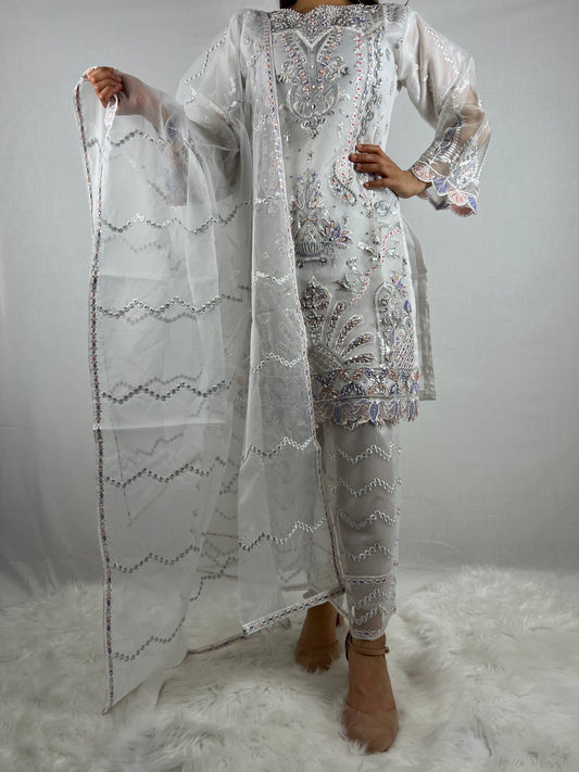 White & Pastel Embroidered Palazzo Suit