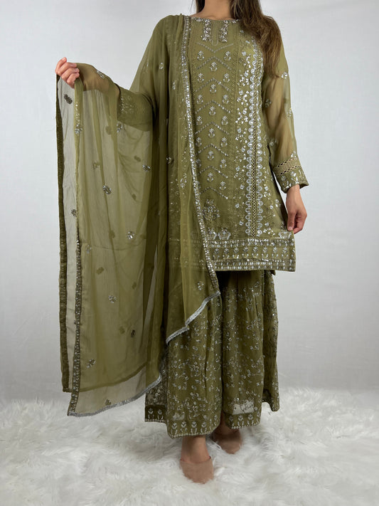 Mehndi Green Chiffon Sharara Suit